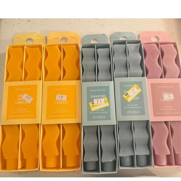 Room Essentials Wavy/Diamond Candles 5 Sets of 2 Fragrance Free Yellow Blue Pink - Picture 1 of 3